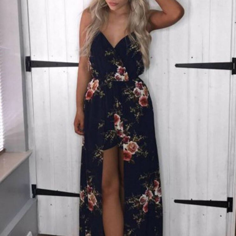 Surplice Floral Elastic Waist Romper Maxi Dress